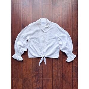 Sleeper White Linen Tie Front Puff Sleeve Blouse M Coastal Beachy Euro Summer
